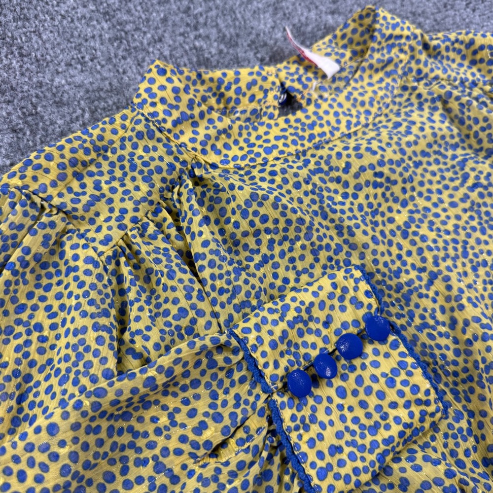 Artisan Blouse 13/14 Yellow Blue Polka Dot Ruffle Cuff Long Sleeve Women